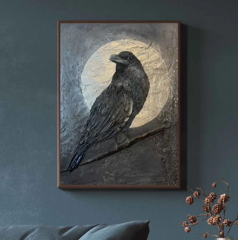 obraz kruk ze srebrną fakturą Night Watchmen Iwona Ceremuga