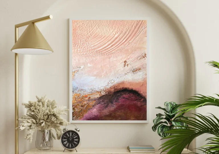 abstrakcyjny obraz strukturalny ze złotymi laserunkami w odcieniach beżu i różu